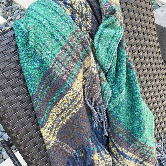 Scarf wrap plaid, extra, large, soft, warm, unisex, navy, taupe, green mustard - Picture 4 of 7